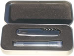 Army knife and torch set in tin box
