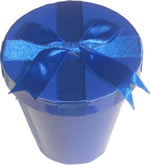 Flower pot shaped cardboard gift box with ribbon lid blue
