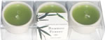 Set of 3 green candles in white ceramic cup, boxed 